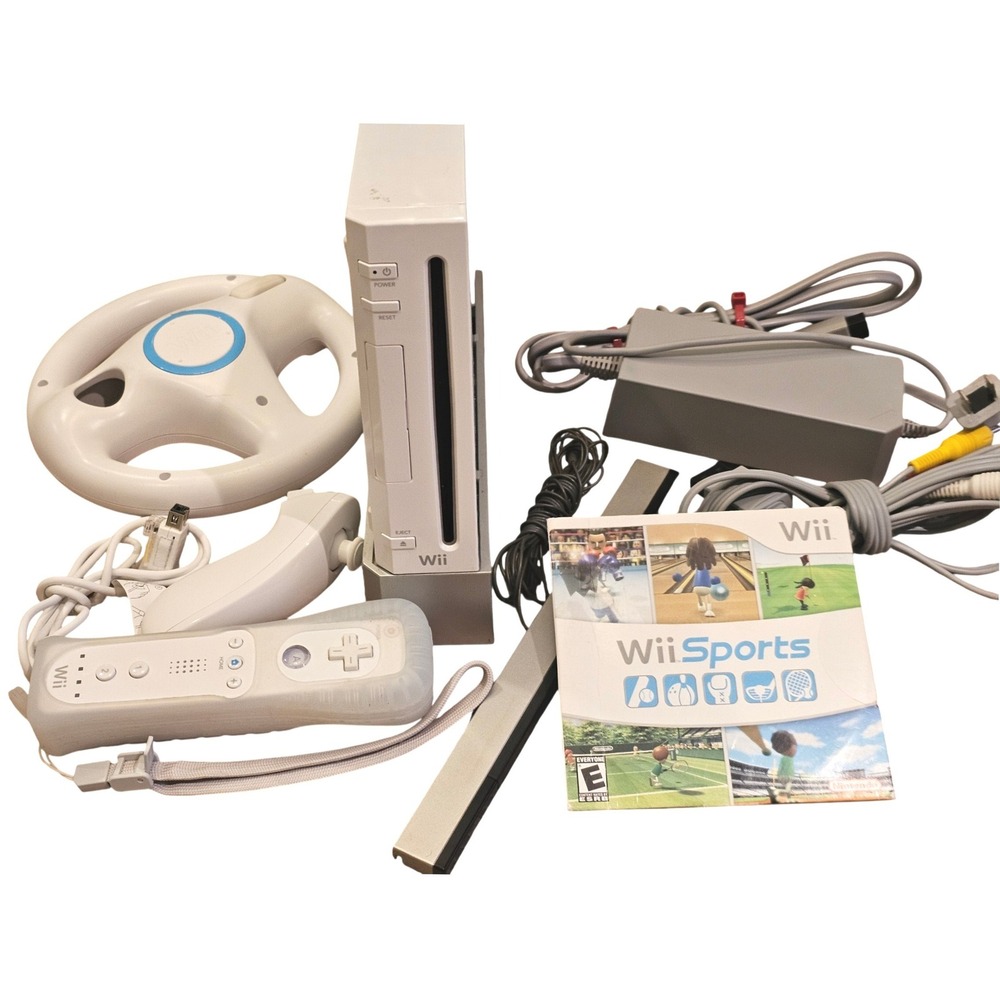 Nintendo Wii RVL-001 White Console Bundle GameCube Compatible Wii Sports Wheel